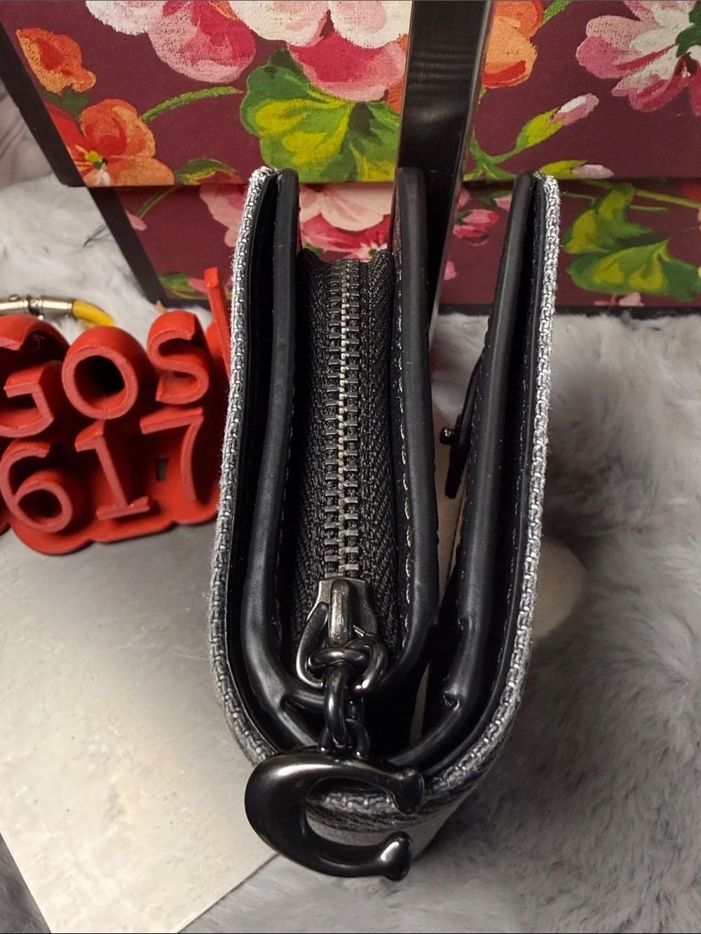 Coach Gray Denim Zip-Around Wallet with Black Trim